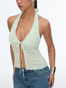 Cider - Textured Women’s Halter Neck Tie-Up Shirred Blouse Pale Green