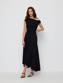 Cider - Ruched Women's Asymmetrical Neck Maxi Dress Black