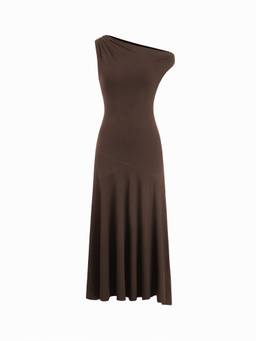Cider - Ruched Women's Asymmetrical Neck Maxi Dress Brown