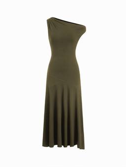 Cider - Women's Asymmetrical Neck Ruched Maxi Dress Olive