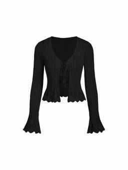 Cider - Knit Textured Women V-Neck Bell Sleeve Cardigan Black