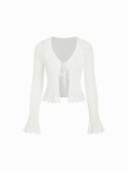 Cider - Knit Textured Women's V-Neck Bell Sleeve Cardigan Cream