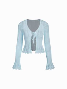 Cider - Knit Textured Women’s V-Neck Tie-Up Bell Sleeve Cardigan Blue