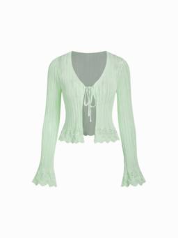 Cider - Knit Textured Women’s V-Neck Bell Sleeve Cardigan Light Green