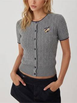 Cider - Cable Knit Women Embroidered Button-Up Top Grey