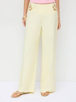 Cider - Linen-Blend Women's Mid-Waist Cut-Out Straight-Leg Trousers Yellow