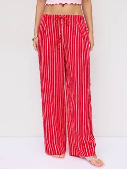 Cider - Cotton Blend Women Mid-Rise Striped Straight-Leg Trousers Red