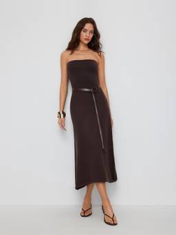 Cider - Knit Bandeau Women's Belted A-Line Maxi Dress Brown