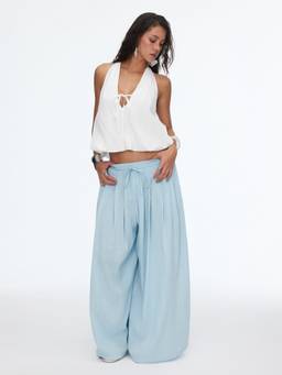 Cider - Cotton-Blend Women’s Mid-Rise Drawstring Wide-Leg Trousers Blue