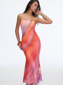 Cider - High Stretch Women's Abstract Bandeau Straight Maxi Dress Orange