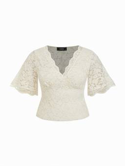 Cider - Guipure Lace Women's V-Neck Ruffle Sleeve Crop Top Beige