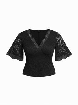 Cider - Guipure Lace Women V-Neck Ruffle Sleeve Crop Top Black