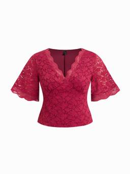 Cider - Guipure Lace Women’s V-Neck Ruffled Sleeve Crop Top Wine