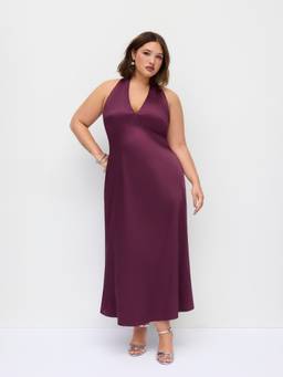 Cider - Satin Women's V-Neck Backless Bowknot A-Line Maxi Dress Burgundy