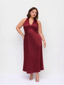 Cider - Satin Women's Backless Halter V-Neck A-Line Maxi Dress Burgundy