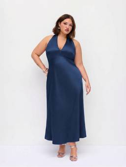 Cider - Satin Women's V-Neck Backless Bow A-Line Maxi Dress Navy Blue