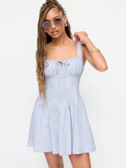Cider - Striped Floral Women's Ruched Square Neck A-Line Mini Dress Blue