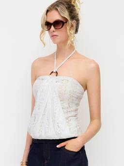 Cider - Textured Lace Women Halter Neck O-Ring Draped Crop Top White