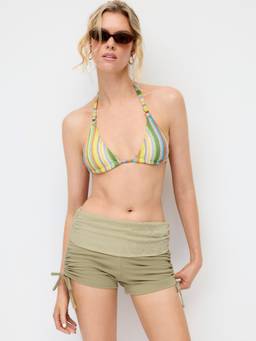 Cider - Textured Women's Low Waist Ruched Drawstring Shorts Green