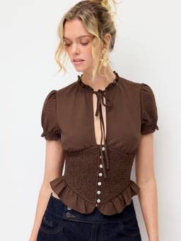 Cider - Frilled Women's Tie-Up Neck Puff Sleeve Shirred Blouse Brown