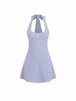Cider - Cotton Blend Women Striped Halter Neck A-Line Mini Dress Blue