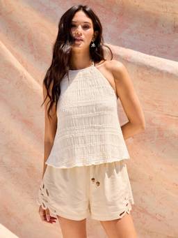 Cider - Textured Women Ruched Halter Neck Top Cream