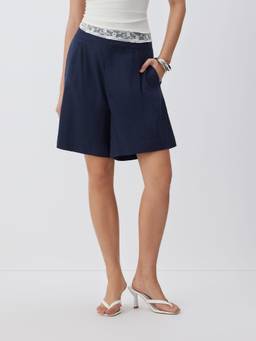 Cider - Linen-Blend Women's Mid-Waist Oversized Shorts Dark Navy