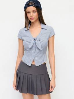 Cider - Gingham Women's Tie-Up Collar Neck Blouse Sky Blue