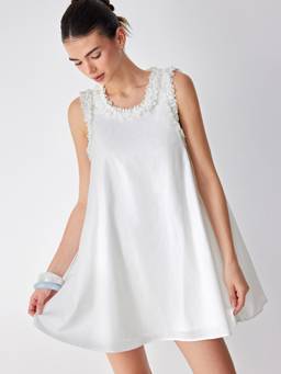 Cider - Cotton Women's Ruffled Round Neck Flared Mini Dress White