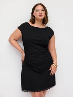 Cider - Cotton Blend Women Ruched Lace Hem A-Line Mini Dress Black