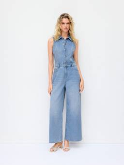 Cider - Washed Denim Women’s High-Rise Wide-Leg Jumpsuit Light Blue