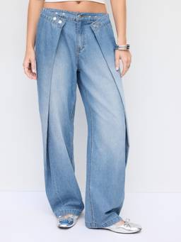 Cider - Washed Denim Women's Low-Waist Ruched Barrel-Leg Jeans Navy Blue