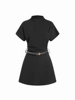 Cider - Stand Collar Women's Ruched A-Line Mini Dress Black