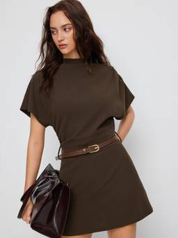 Cider - Ruched Women's Stand Collar A-Line Mini Dress Coffee