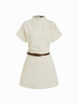 Cider - Ruched Belted Women's Stand Collar A-Line Mini Dress Cream