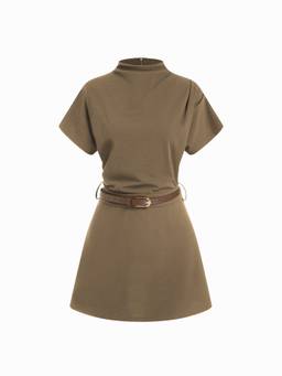 Cider - Stand Collar Women Ruched Belted A-Line Mini Dress Olive