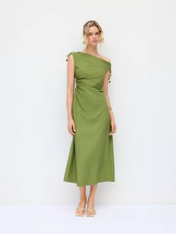 Cider - Linen Blend Women Ruched Asymmetrical Neck Maxi Dress Olive