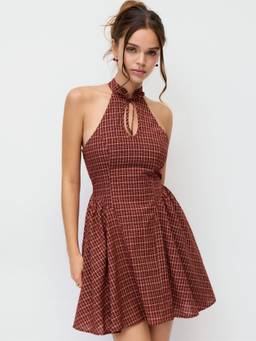 Cider - Cotton Plaid Women's Halter Cut-Out Flared Mini Dress Wine