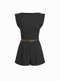 Cider - Pleated Women's Boat Neck Belted Romper Black