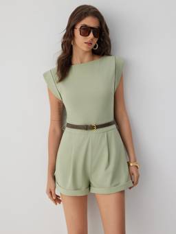 Cider - Pleated Women's Boat Neck Belted Romper Pale Green