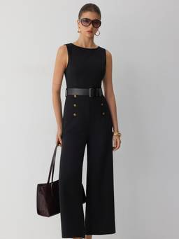 Cider - Metal Detail Women's Boat Neck Wide-Leg Jumpsuit Black