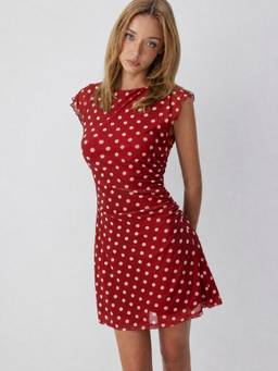 Cider - Mesh Polka Dot Women's Ruched A-Line Mini Dress Red