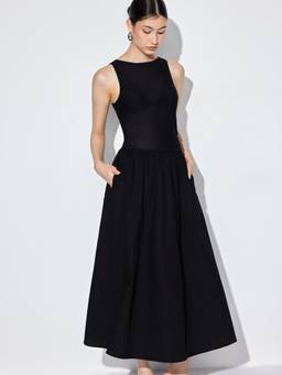 Cider - Cotton Women's Ruched A-Line Maxi Dress Black