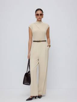 Cider - Women's High Neck Draped Wide-Leg Jumpsuit With Belt Beige