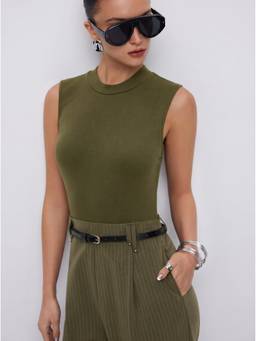 Cider - Belted Women High Neck Sleeveless Jumpsuit Olive