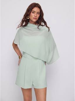 Cider - High Neck Women's Asymmetrical Cape Sleeve Romper Set Green
