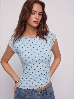 Cider - Mesh Women's Ruched Boat Neck Top Baby Blue