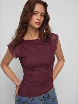 Cider - Mesh Women's Ruched Boat Neck Top Burgundy