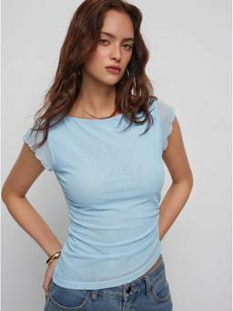 Cider - Mesh Women's Ruched Boat Neck Top Blue