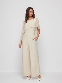 Cider - Women's Asymmetrical Cape Sleeve Wide-Leg Jumpsuit Beige